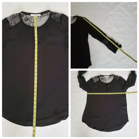Fever Women's Sheer Lace Trim Inset Long Sleeve Tie Cuff Blouse Black Sz Medium - Picture 8 of 9